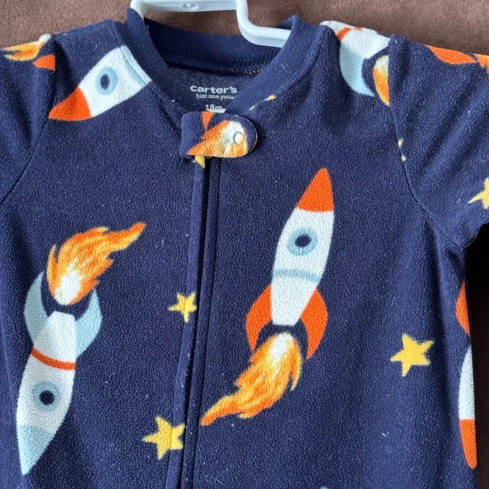 Carters Just One You Boys 18M Navy Blue Rocket Ship Fleece‎ Footed Pajamas